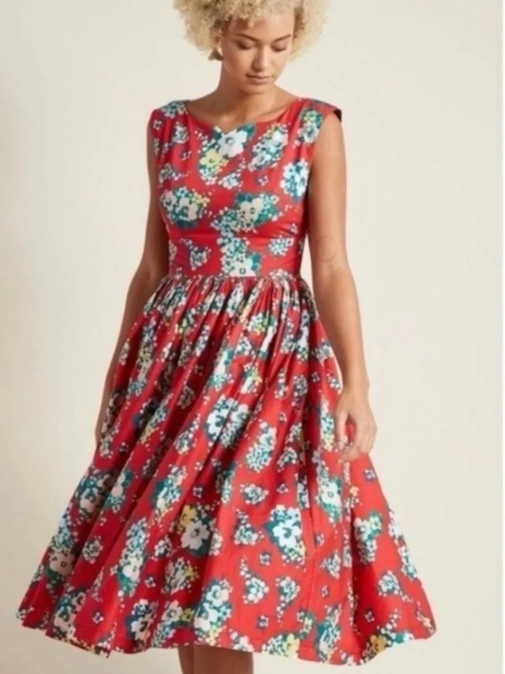 ModCloth Red Floral Fit & Flare Midi Dress Sz M - Picture 1 of 1